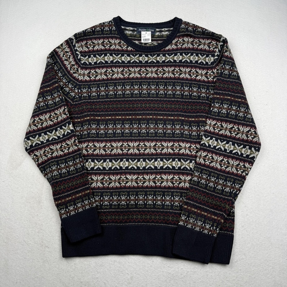 Paisley & Gray Sweater Mens XL Blue Fair Isle Knit Crewneck Pullover Slim Fit
